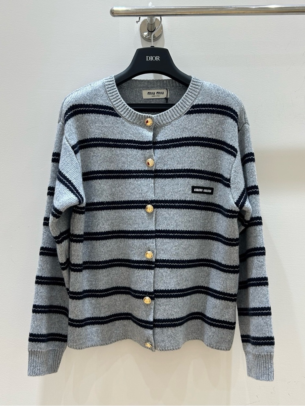 Miu Miu Striped Grey Crewneck Sweater, Navy Accents